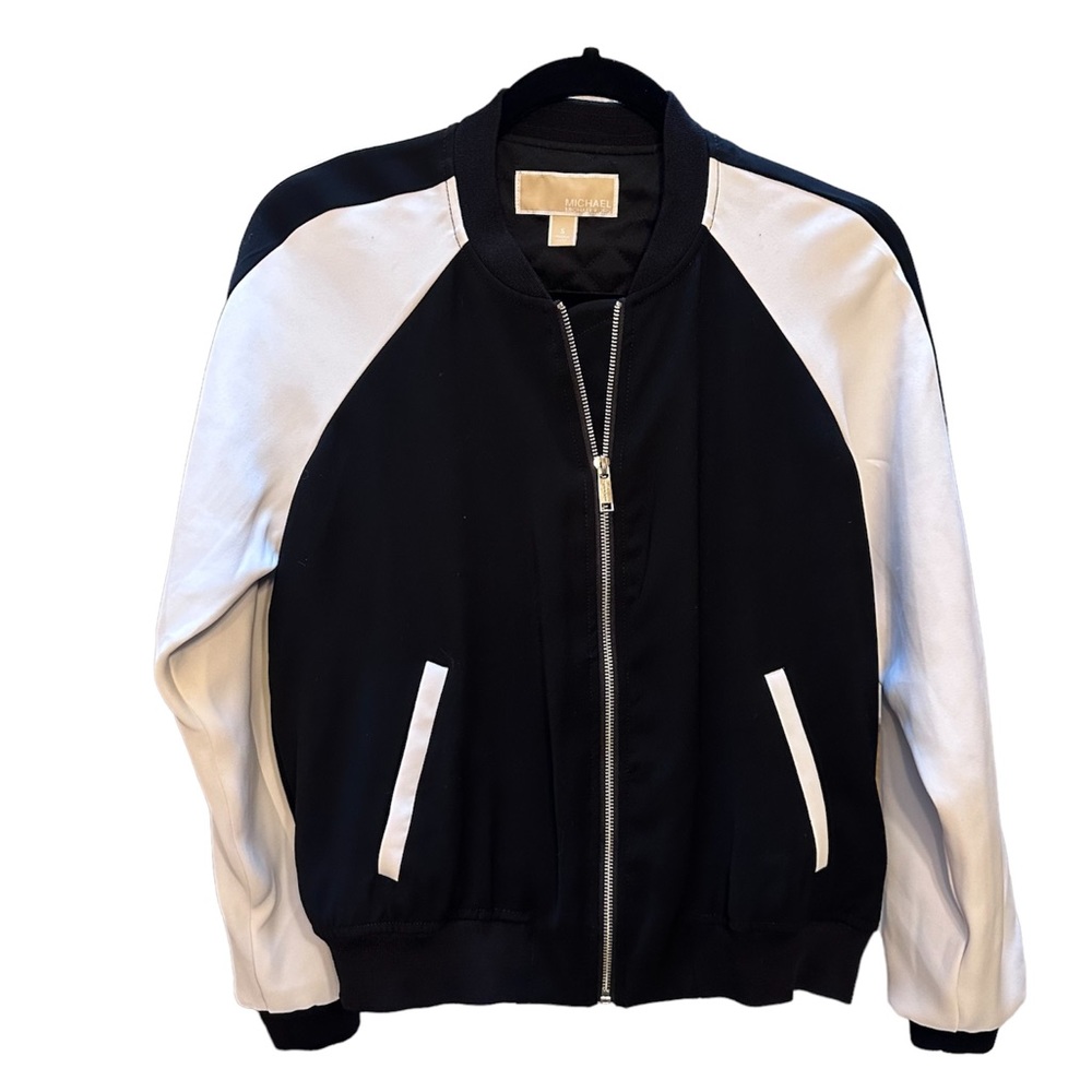 Michael Kors Black/WHITE Color-Block Full Zip Bomber Jacket Size S EUC